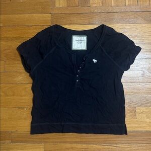 Abercrombie & Fitch Black Henley Tee with White Moose Logo
